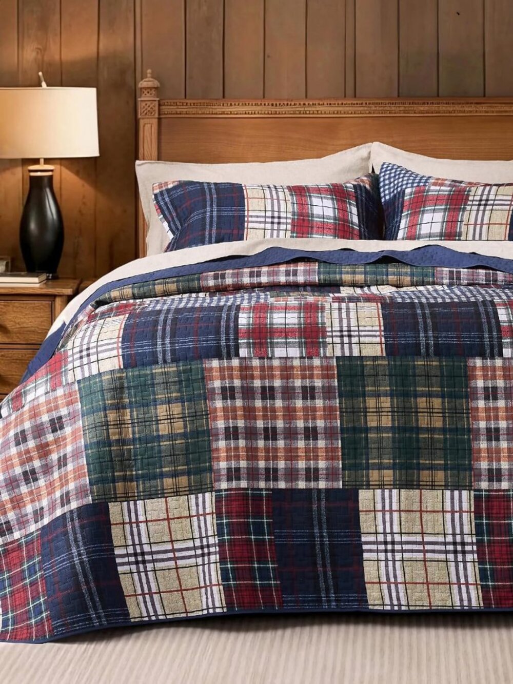 Patchwork Queen Quilt Bedding Set, Plaid Lightweight Reversible Bedspread Coverl